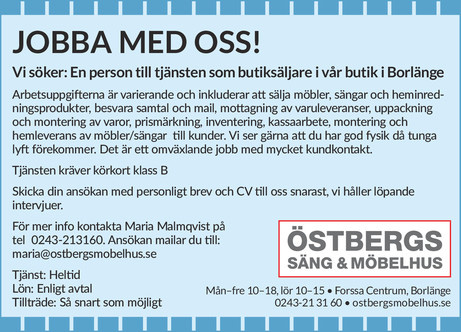 Sök jobb hos oss Östbergs Möbler i Borlänge!